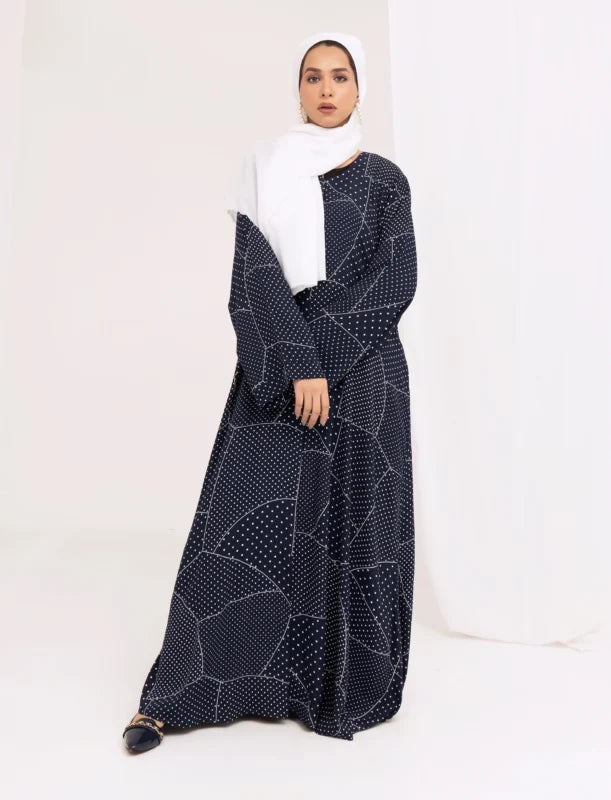 Navy Blue Printed Double Georgette Abaya | Front Open Modest Wear