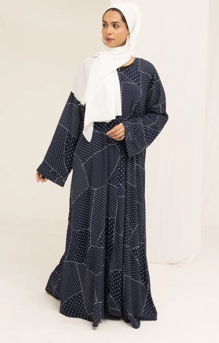 Navy Blue Printed Double Georgette Abaya | Front Open Modest Wear
