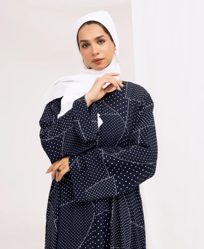 Navy Blue Printed Double Georgette Abaya | Front Open Modest Wear