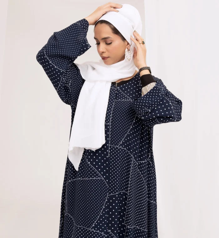 Navy Blue Printed Double Georgette Abaya | Front Open Modest Wear