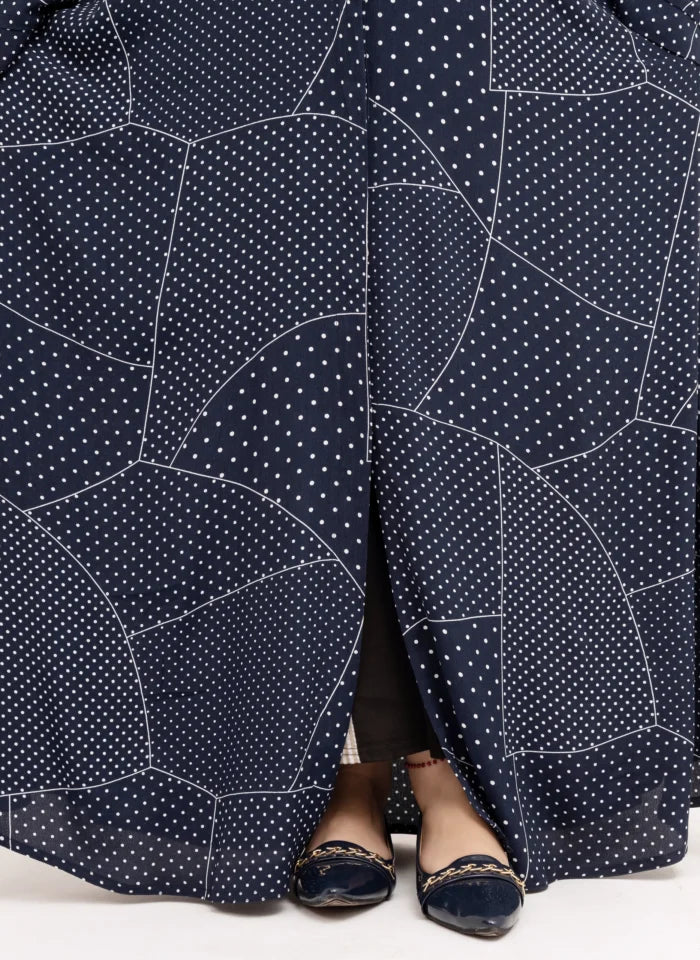 Navy Blue Printed Double Georgette Abaya | Front Open Modest Wear