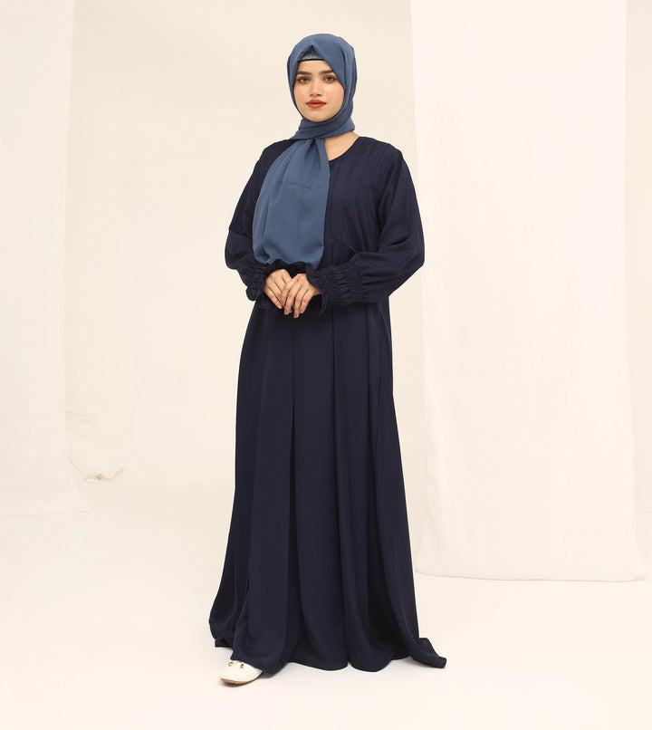 Korean Nida Abaya | Navy Blue Pleated Flare | Modest Women's Wear