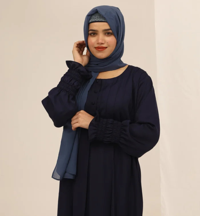 Korean Nida Abaya | Navy Blue Pleated Flare | Modest Women's Wear