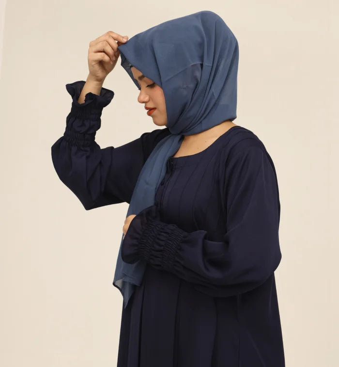 Korean Nida Abaya | Navy Blue Pleated Flare | Modest Women's Wear