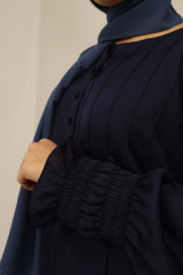 Korean Nida Abaya | Navy Blue Pleated Flare | Modest Women's Wear
